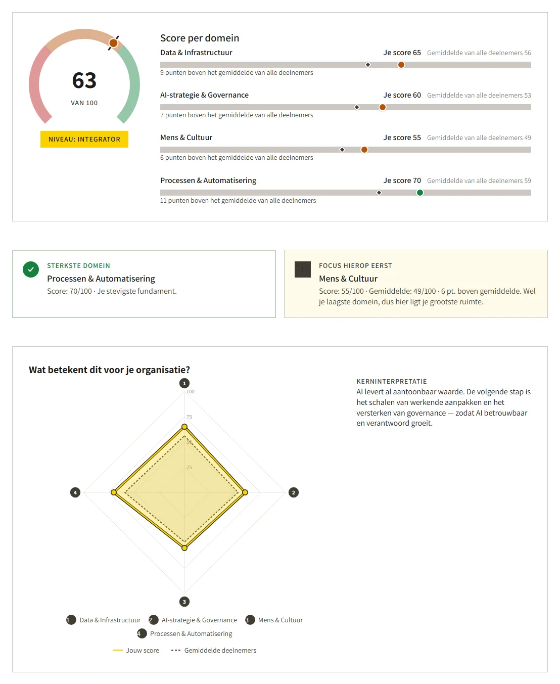 Voorbeeld van een persoonlijk AI-volwassenheidsrapport met score, sectorbenchmark en aanbevelingen